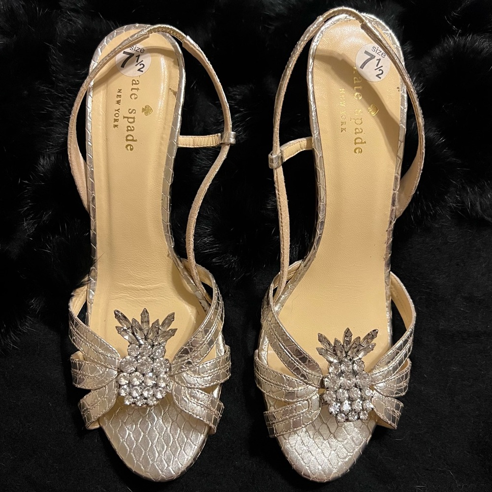 Kate Spade Silver Pineapple Rhinestone Snake Embossed Leather Cocktail Heels